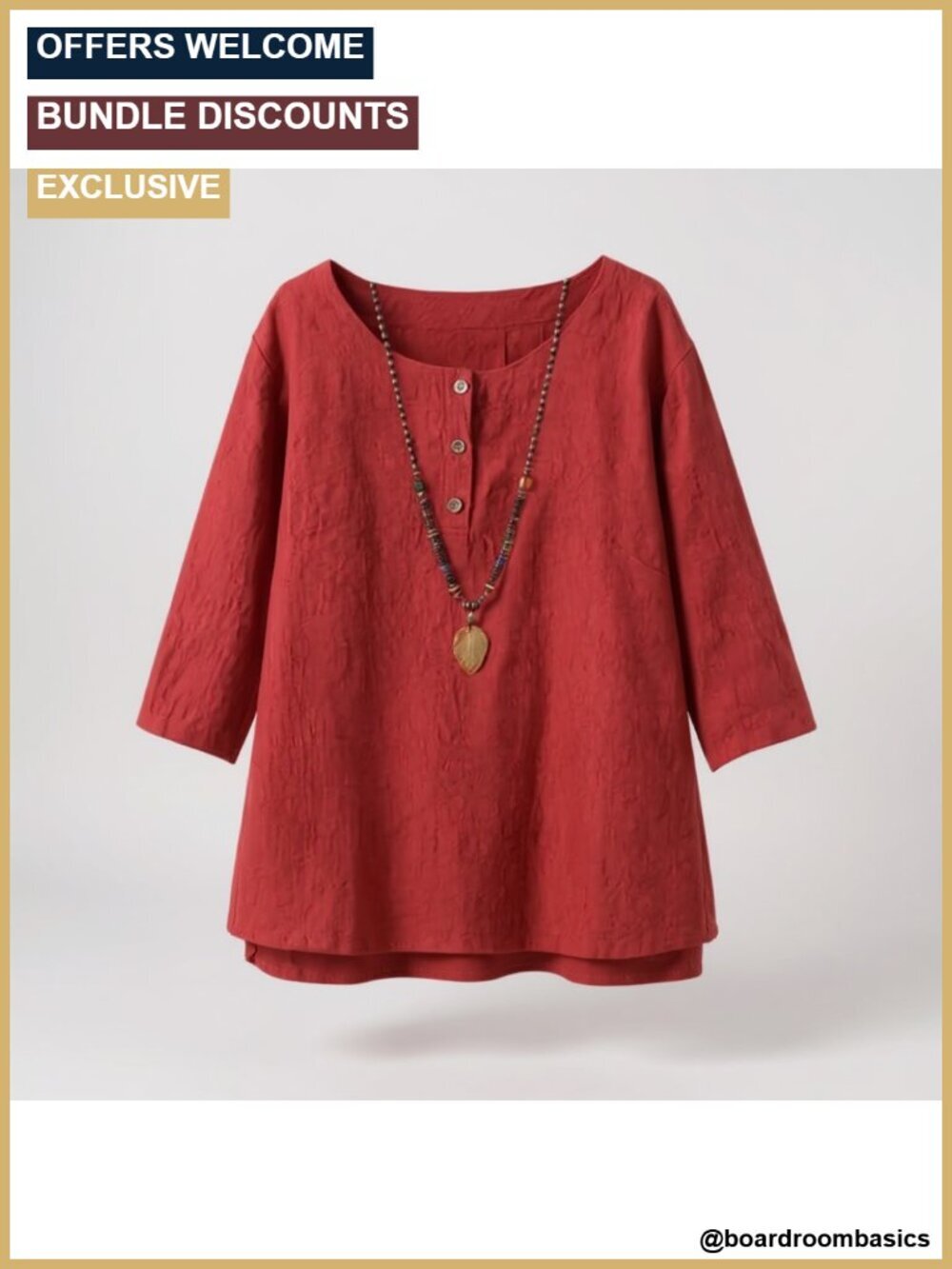Cotton Linen Jacquard 3/4 Sleeve Blouse Button Down Top Tunic